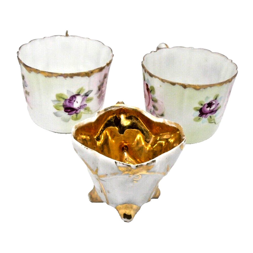 Antique? Hand Painted Gilded Porcelain Demitasse Cups Pink Roses Vtg Gold Lined